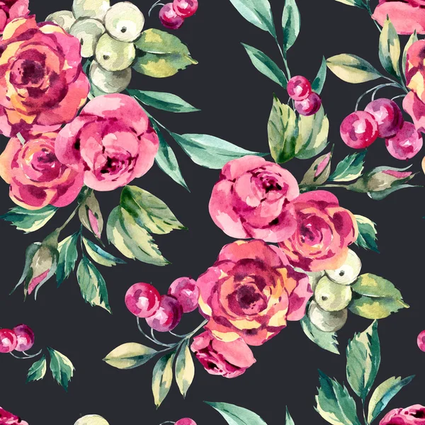Aquarell Rote Blumen Nahtloses Muster Vintage Rosen Und Beeren Textur — Stockfoto