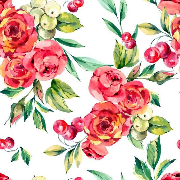 Aquarel Rode Bloemen Naadloos Patroon Vintage Rozen Bessen Textuur Witte — Stockfoto