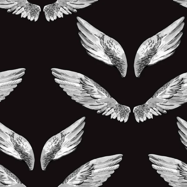 Monochrome watercolor angel wings seamless pattern on black background. Angel illustration