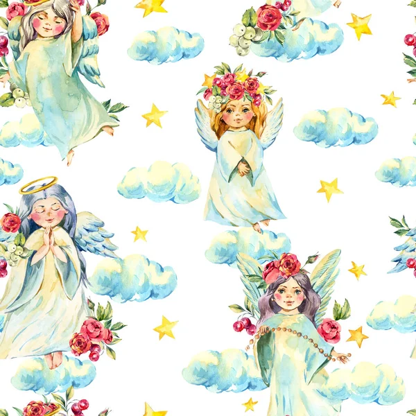 Watercolor Angel Seamless Pattern Red Flowers Roses Stars Clouds White — Stock Photo, Image