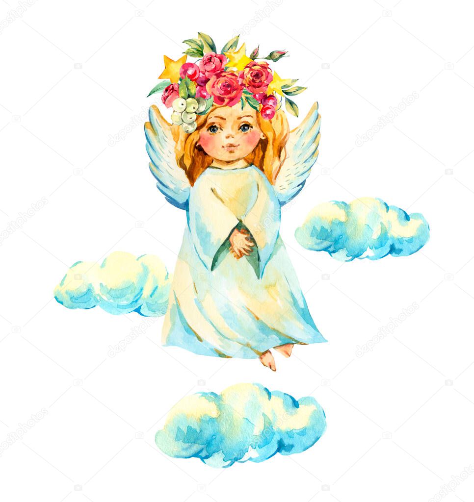 Watercolor angel with red flowers, roses isolated on white background. Christmas angel illustration