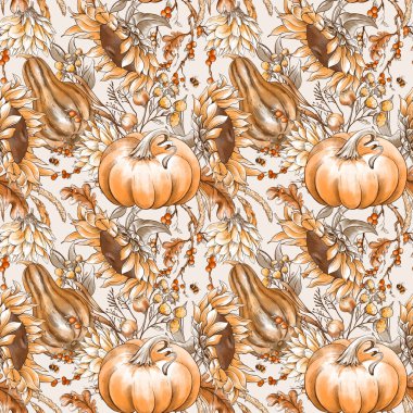 Klasik Şükran Günü hasadı çiçekli doğal botanik dikişsiz desen. Sonbahar ayçiçekleri, balkabağı dokusu. 