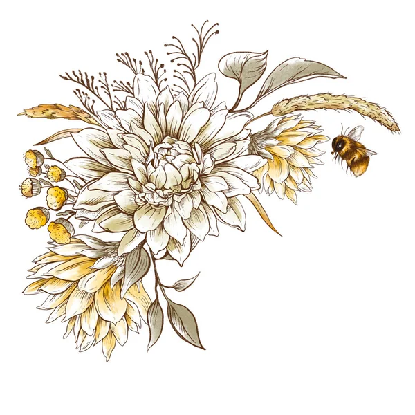 Vintage Fall Floral Greeting Card White Chrysanthemums Wildflowers Botanical Illustration — Stock Photo, Image