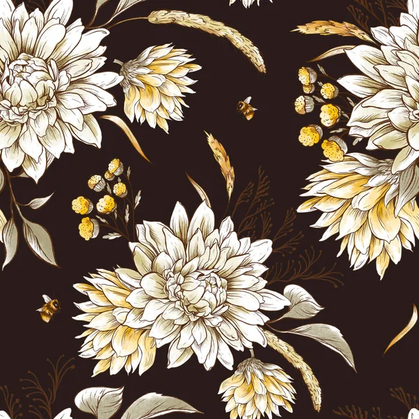 Vintage Fall Floral Seamless Pattern White Chrysanthemums Wildflowers Botanical Texture — Stock Photo, Image