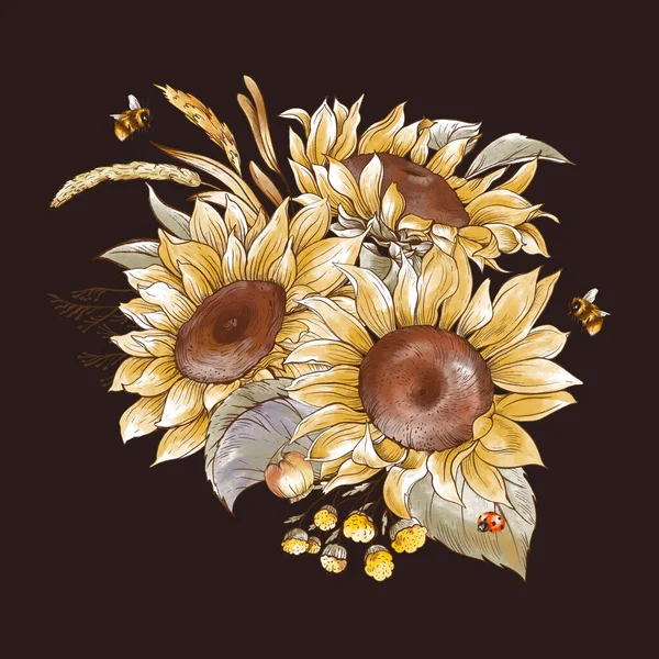 Vintage Summer Sunflowers Greeting Card Harvest Floral Natural Botanical Illustration — Stock Photo, Image