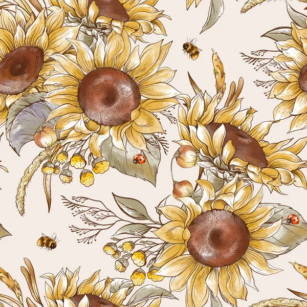 Vintage Summer Sunflowers Seamless Pattern Harvest Floral Natural Botanical Texture — Stock Photo, Image