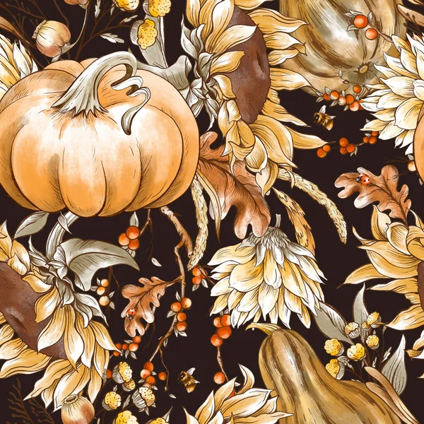 ヴィンテージ感謝祭は花の自然な植物シームレスパターンを収穫します 秋のひまわり 黒を基調としたカボチャの食感 — ストック写真