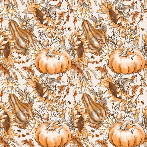 Vintage Thanksgiving harvest floral natural botanical seamless pattern. Fall sunflowers, pumpkin texture.