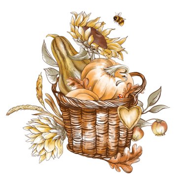 Hasat sepeti ve balkabağı doğal illüstrasyonlu klasik tebrik kartı.