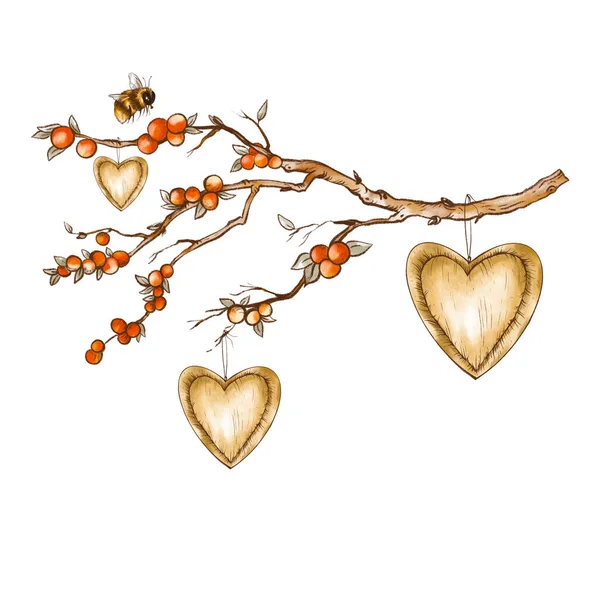 Vintage brunch with red berries, bee and hearts. Natural fall greeting card.