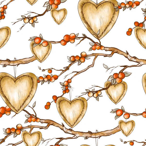 Vintage Seamless Pattern Brunch Red Berries Bee Hearts Natural Fall — Stock Photo, Image