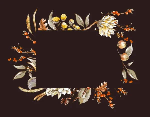 Delikatny Vintage Kwiatowa Jesienna Ramka Jesienne Kwiaty Kartka Okolicznościowa Czarnym — Zdjęcie stockowe
