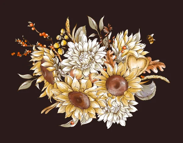 Винтажный Осенний Букет Подсолнухи Белые Хризантемы Красные Ягоды Цветы Открытки — стоковое фото