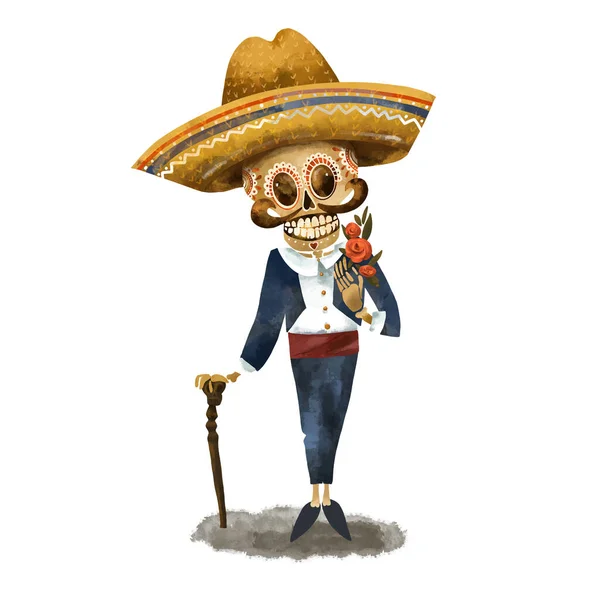 Skelett Sombrero Illustration Dag Döda Cinco Mayo Vintage Gratulationskort Vit — Stockfoto