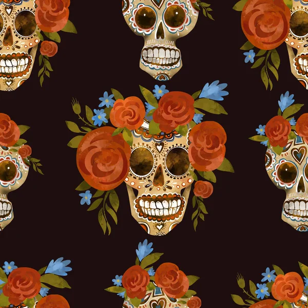 Sugar skull vintage illustration. Day of the dead, Cinco de Mayo greeting card on black background. Floral skull