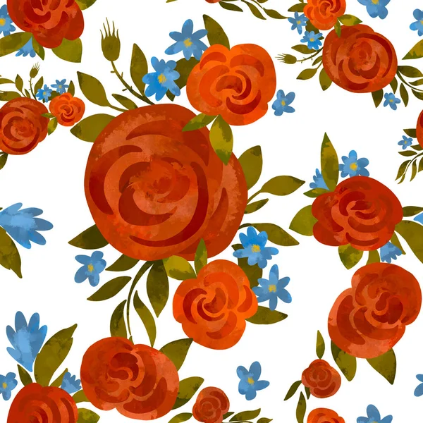 Abstract red rose seamless pattern. Floral texture, blue wildflowers on white background