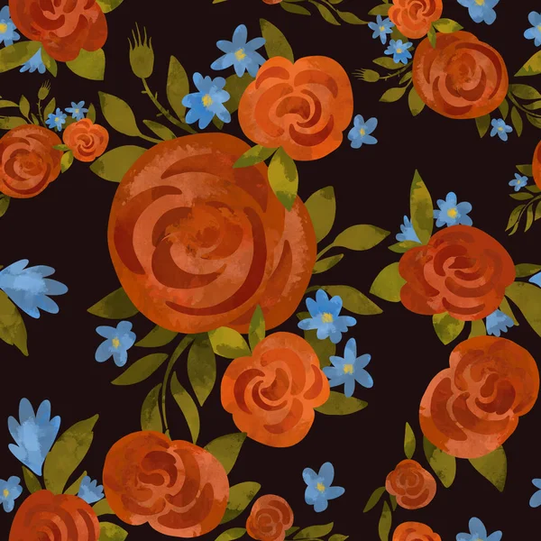 Abstract Red Rose Seamless Pattern Floral Texture Blue Wildflowers Black — Stock Photo, Image