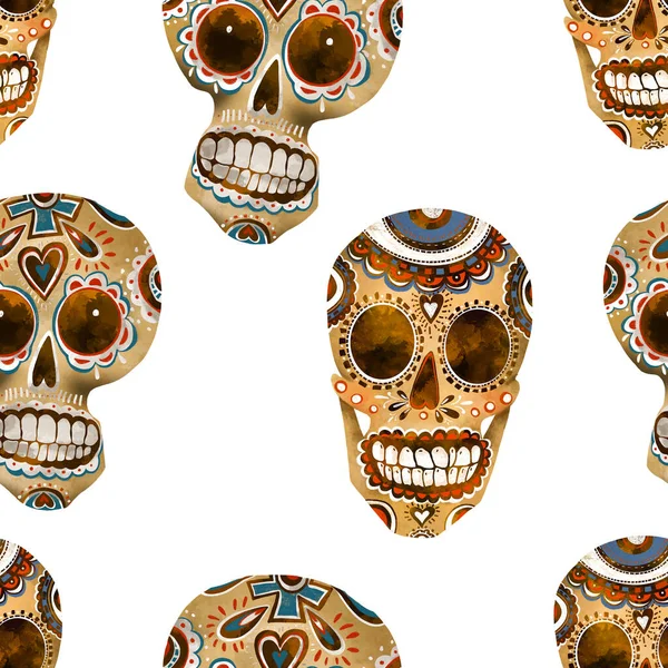 Sugar skull seamless pattern. Day of the dead texture, Cinco de Mayo wallpaper on white background