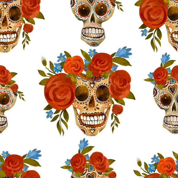 Cráneo Azúcar Patrón Inconsútil Vintage Día Los Muertos Textura Cinco —  Fotos de Stock