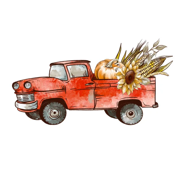 Fall Red Truck Pumpkin Corn Cobs Sunflowers Autumn Harvest Vintage — Stock Photo, Image