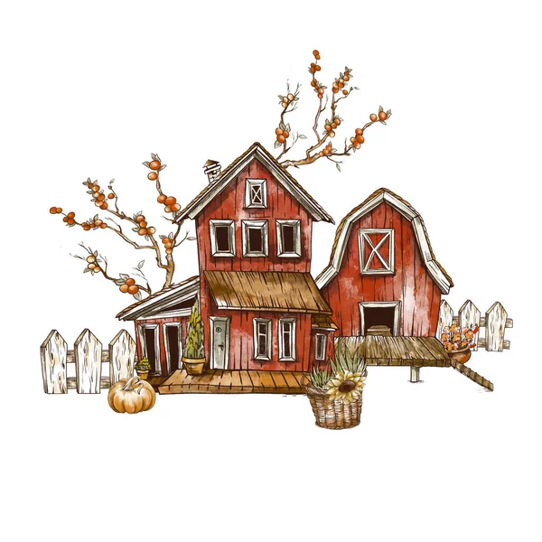 Симпатичный Дом Ферме Сельский Винтаж Иллюстрации Изолированы Белом Фоне — стоковое фото