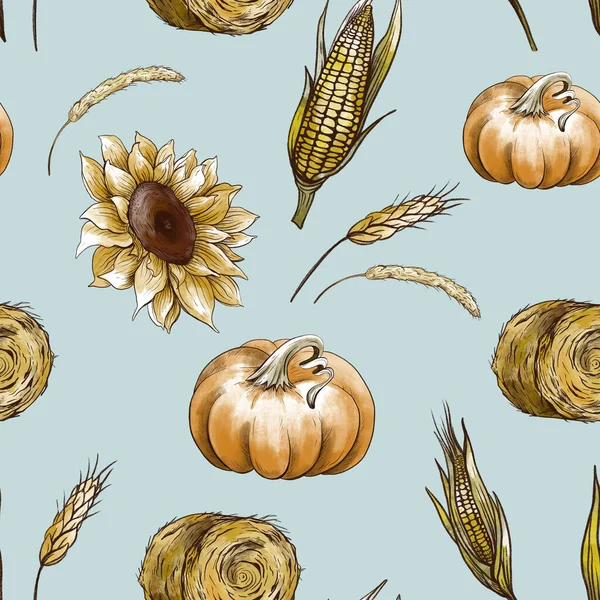 Vintage Thanksgiving Harvest Floral Natural Seamless Pattern Fall Sunflowers Corn — Stock Photo, Image