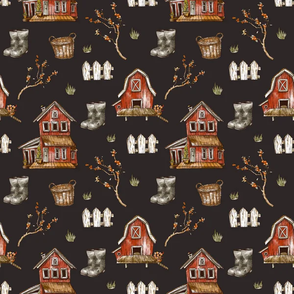 Farm House Seamless Pattern Rustic Vintage Texture Black Background — Stock Photo, Image