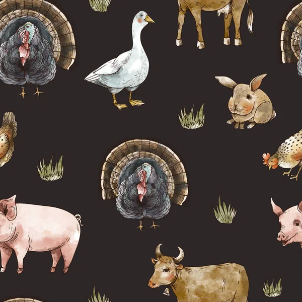 Nahtloses Muster Bei Nutztieren Gans Kuh Huhn Schwein Heuhaufen Rustikale — Stockfoto