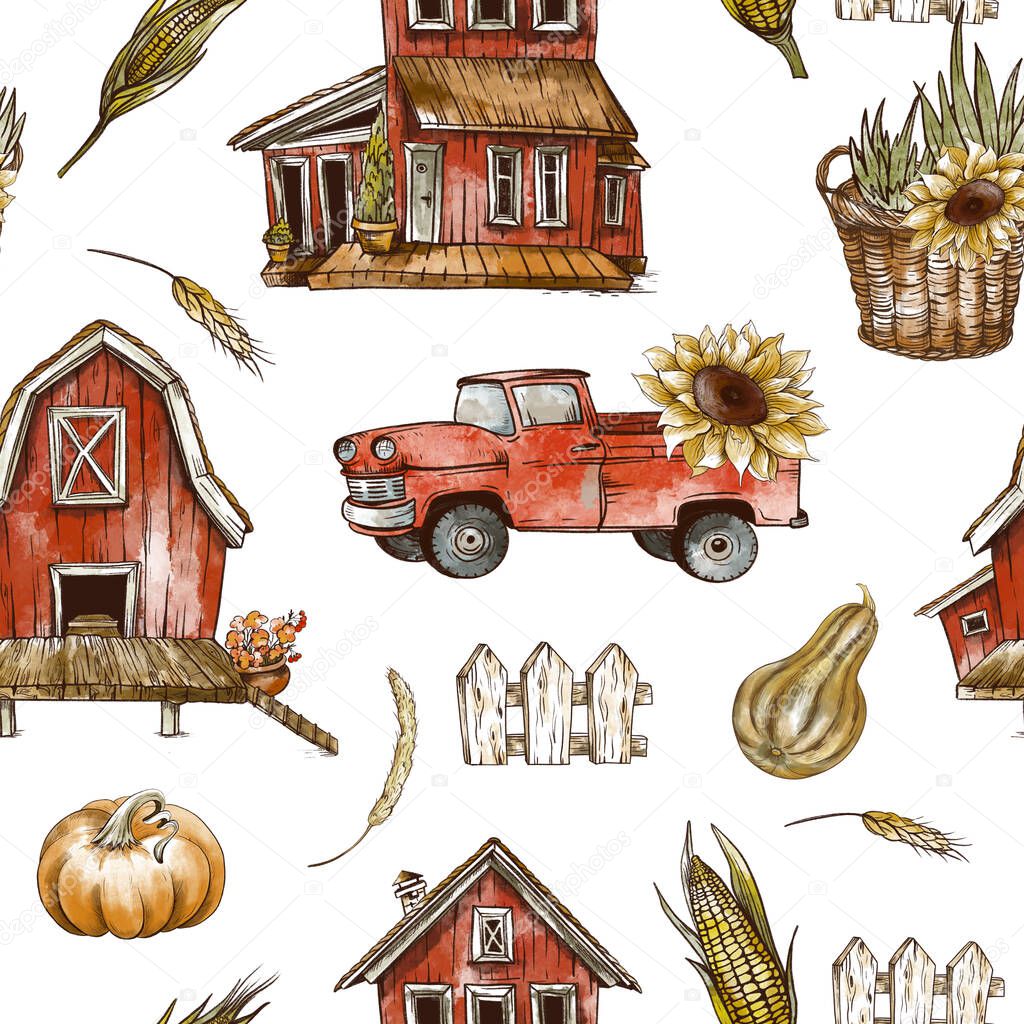 Farm house seamless pattern, Rustic vintage texture on white background.