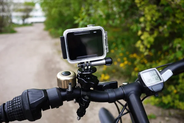 Action Fényképezőgép Hoz Elfog Videókat Autós Utazás Sport Búvárkodás Kerékpározás — Stock Fotó