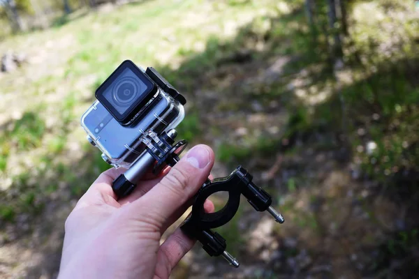 Câmera Ação Para Capturar Seus Vídeos Adequado Para Viagens Carro — Fotografia de Stock
