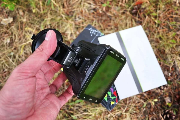 Exibição Filmadora Carro Gravador Vídeo Para Gravar Situação Tráfego Durante — Fotografia de Stock