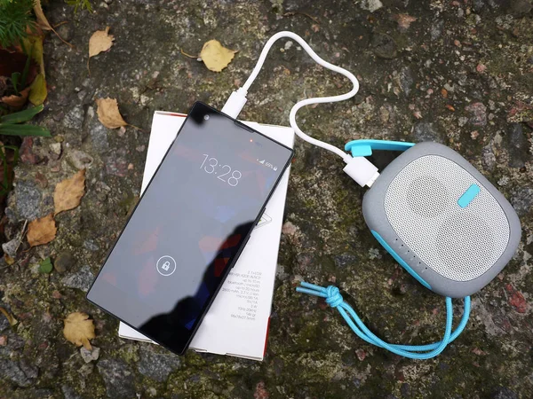 Müzik dinlemek için taşınabilir Bluetooth sözcü. Pil ile müzik dinlemek için kullanın. Ayrıntılar ve yakın çekim