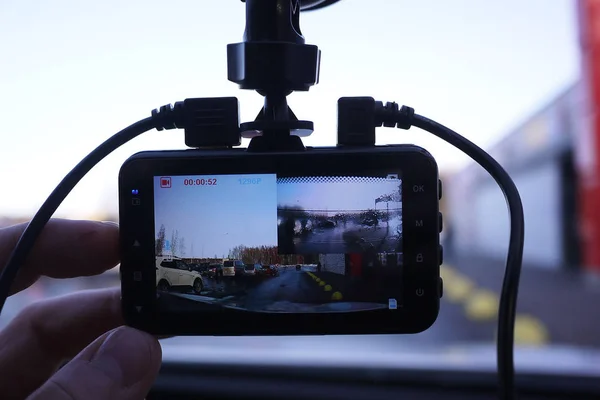 Pantalla Videocámara Del Coche Instalado Dentro Del Coche Parabrisas Para —  Fotos de Stock