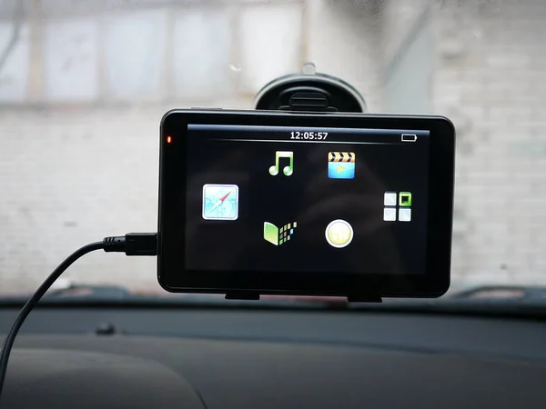 Car Navigator  of the route. Installed inside the car, details and close-up.