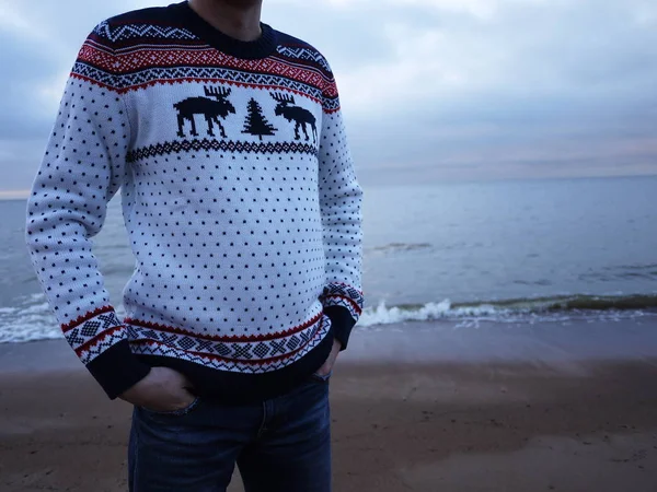 Men's sweater with deer. Warm and beautiful sweater with drawings of deer. Details and close-up