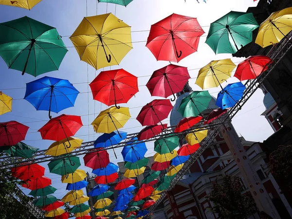 Alley of floating umbrellas. city of Saint Petersburg, Russia. Beautiful street with beautifully decorated decorations.