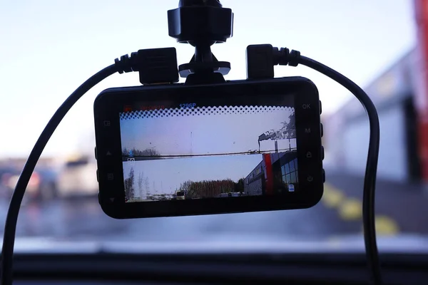 Grabadora Vídeo Para Grabar Situación Del Tráfico Mientras Conduce Coche — Foto de Stock