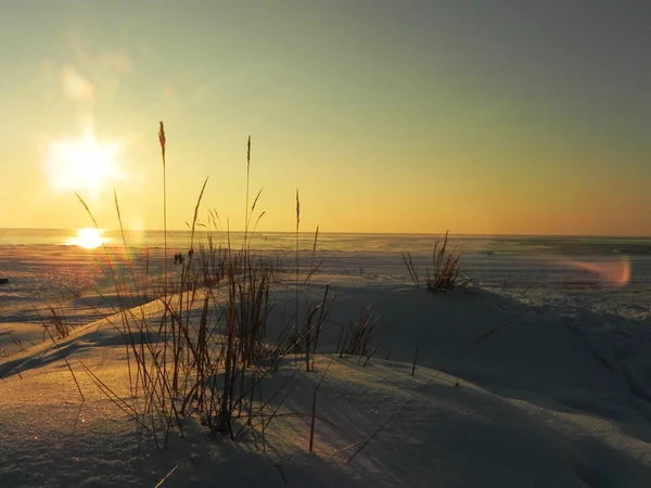 Coucher Soleil Sur Mer Dans Glace Soleil Couche Éclaire Mer — Photo