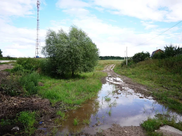 Country road in the village. Road with puddles and bad pokrytiem outside the city. Details and close-up.