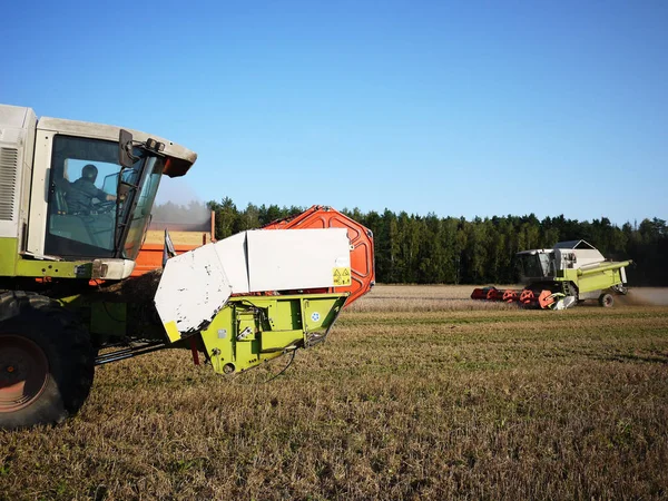 Kombinieren Die Arbeit Auf Dem Feld Sommer Erntet Der Mähdrescher — Stockfoto