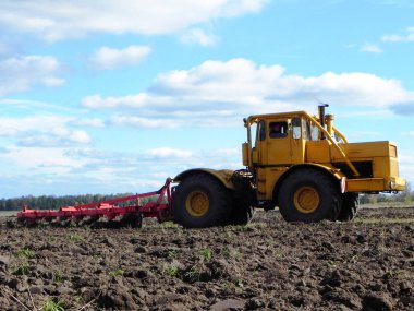 Traktör tarlayı savuruyor. Traktör tarlada sürmek ve ekilebilir arazi pulluklar. Ayrıntılar ve yakın çekim.