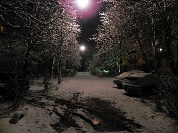 Zimowa Ulica Ciemności Nocy Piękna Mroźna Pogoda Oświetlone Latarnie Uliczne — Zdjęcie stockowe