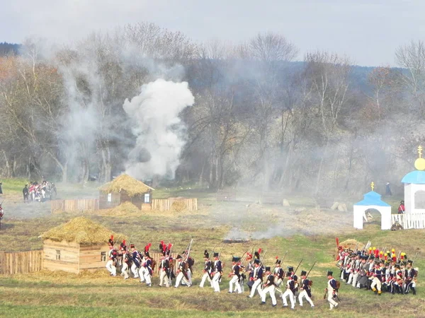 Reconstrucción Batalla Borodino Las Tropas 1812 Están Luchando Campo Batalla — Foto de Stock