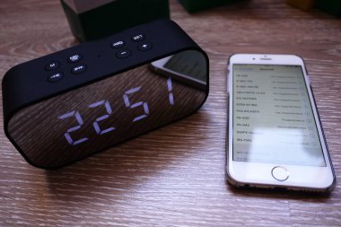 Müzik dinlemek için telsiz hoparlörü. Senin için harika bir alet. Ayrıntılar ve yakın plan.