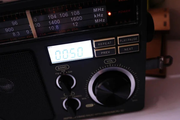 Retro style radio for FM and AM radio reception. Can also listen to MP3 files. Details and close-up.