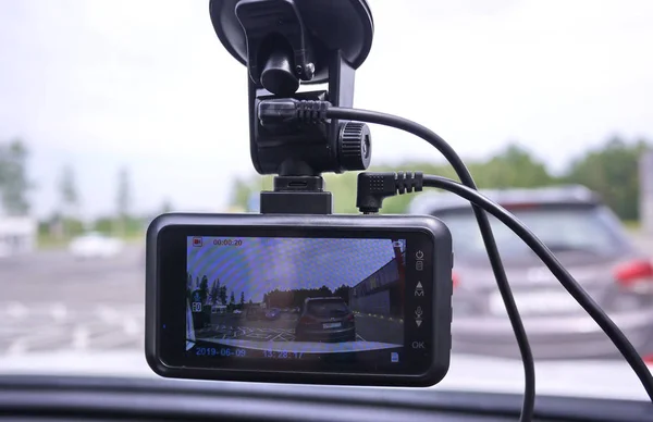 Videorecorder Opnamestand Verkeerssituatie Terwijl Rijdt Auto Het Kan Gebruikt Worden — Stockfoto