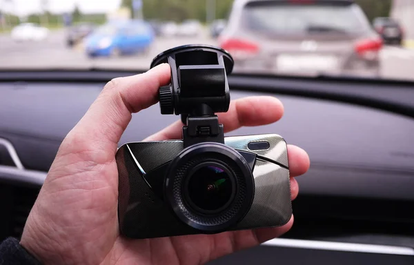 Videorecorder Opnamestand Verkeerssituatie Terwijl Rijdt Auto Het Kan Gebruikt Worden — Stockfoto