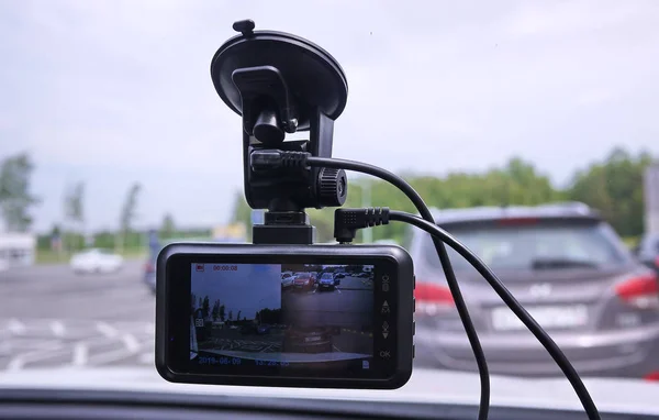 Gravador Vídeo Para Gravar Situação Tráfego Durante Condução Seu Carro — Fotografia de Stock