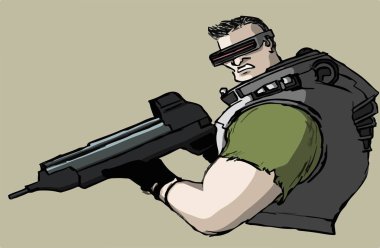 Vektör kurgusal silahlı adam fütüristik silah ve teknolojik uygun